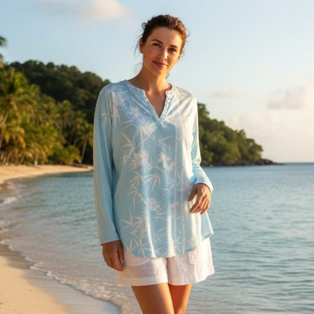 Light Blue & White Tropical Bamboo Floral Long Sleeve Shirt Size L Beach Resort